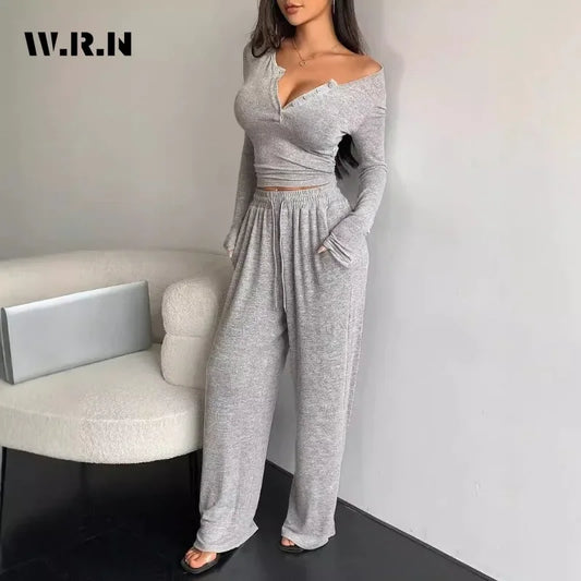 Women Two Piece Sets Pajama Set Sexy V-neck Long Sleeve Sleepwear Pants