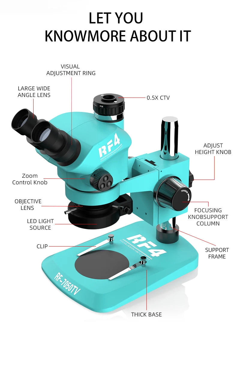 RF4 7-50X Trinocular Continuous Zoom Stereo Microscope