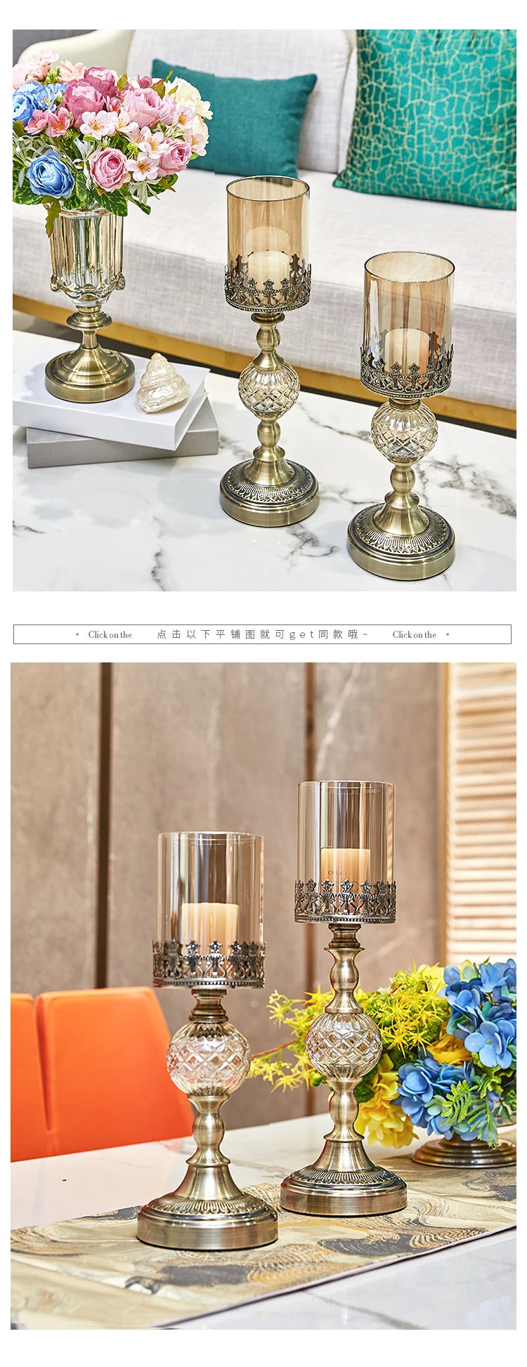 Luxury American Dining Table Metal Candlestick Glass Ornaments