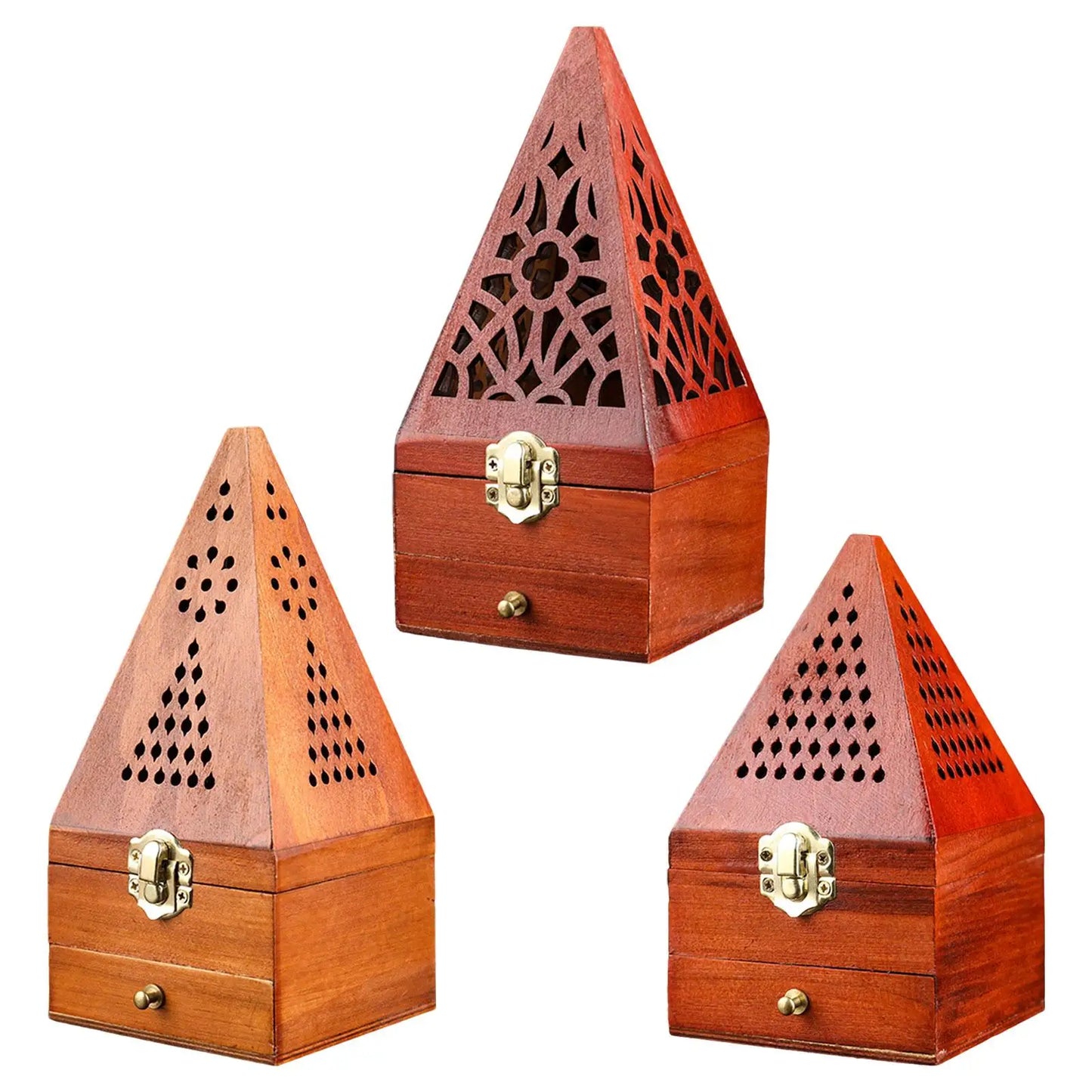 Wood Incense Burner Box Wooden Censer Pyramid Decor Holder