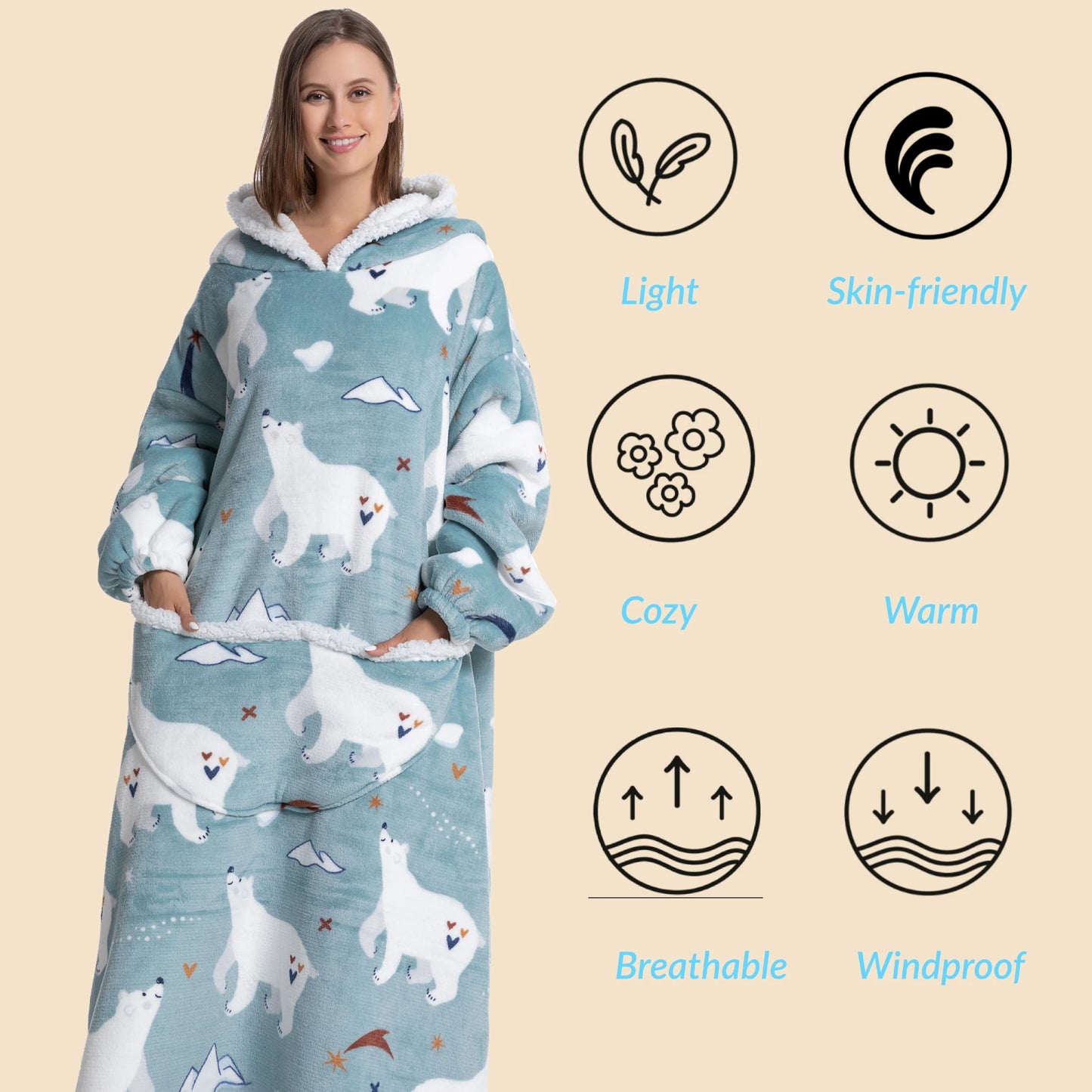 Oversized Wearable Blanket Cozy Warm Flannel Hoodie for Adults