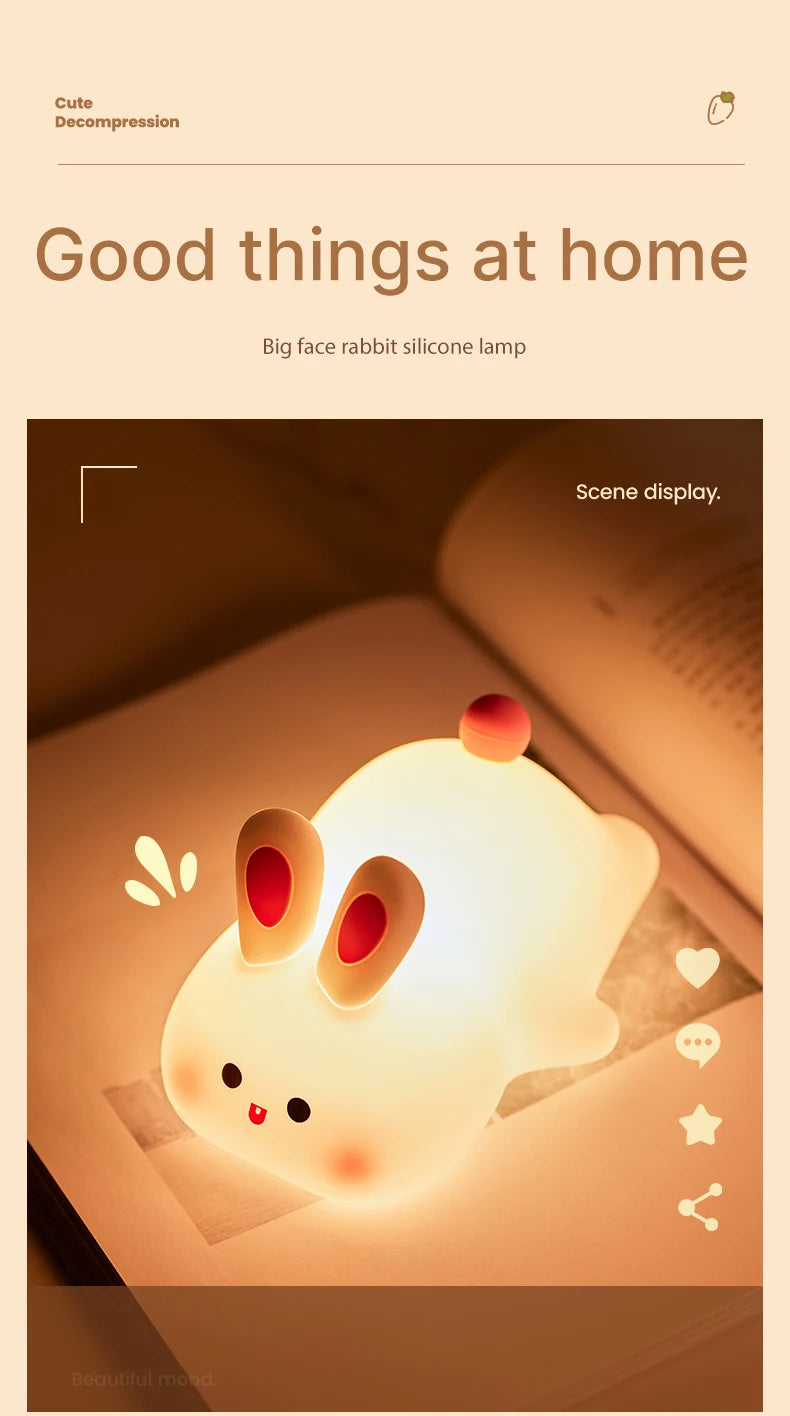 Big Face Rabbit Night Light Cute Silicone Soft Lamp Gift