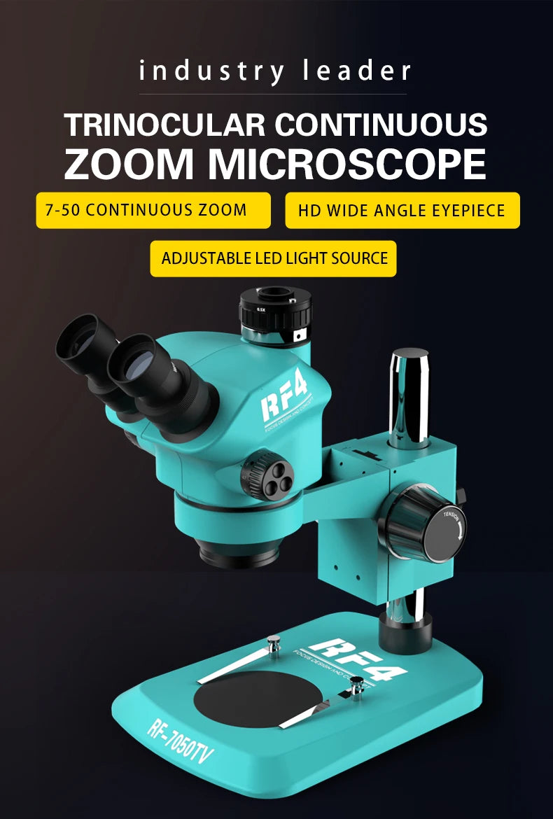 RF4 7-50X Trinocular Continuous Zoom Stereo Microscope