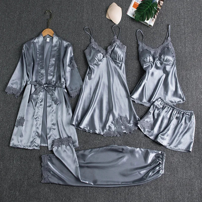 Elegant 5PC Silk Robe Sleep Suit Women Lace Satin Pajamas Gown Set