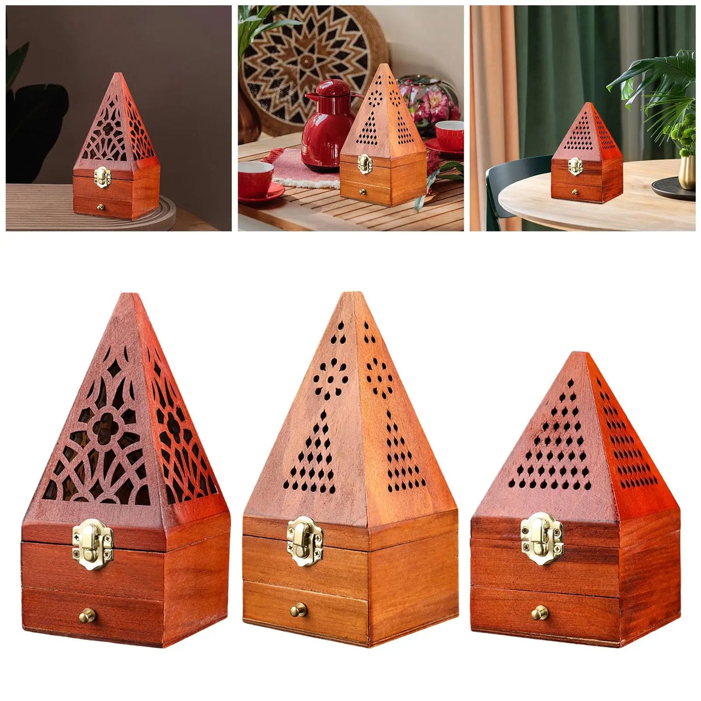 Wood Incense Burner Box Wooden Censer Pyramid Decor Holder