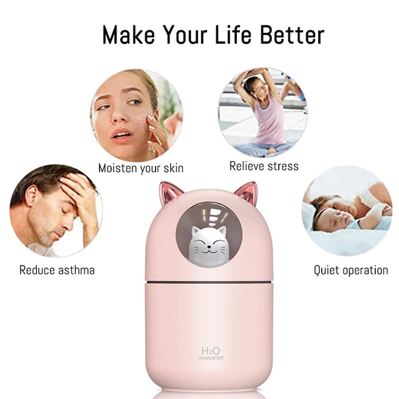 300ML Air Humidifier Cute Cat Ultra-Silent Aromatherapy