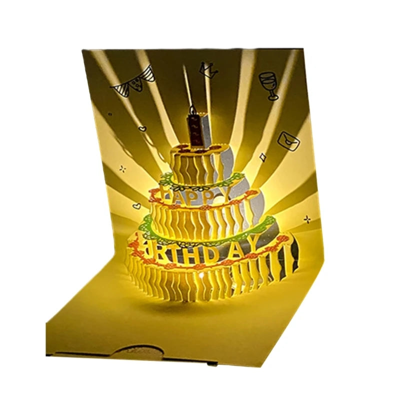 3D Musical Birthday Cake Card LED Light Pop-Up Greeting Cards for All Occasion