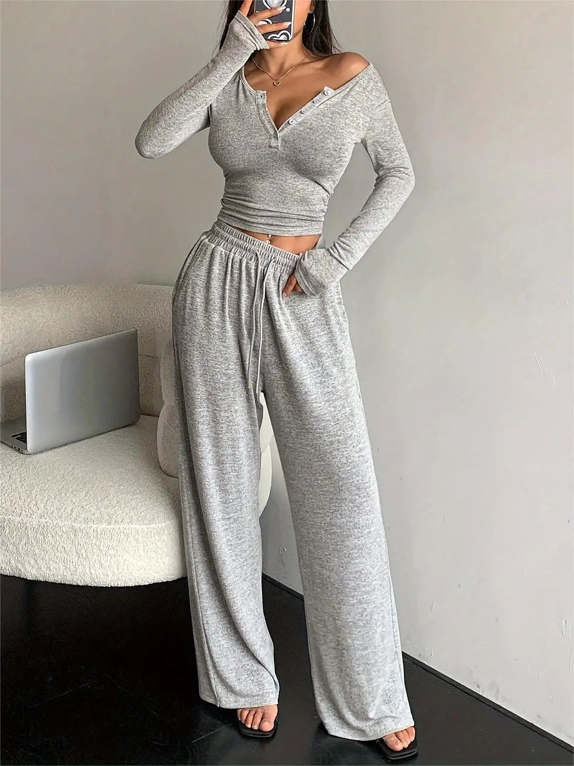 Women Two Piece Sets Pajama Set Sexy V-neck Long Sleeve Sleepwear Pants