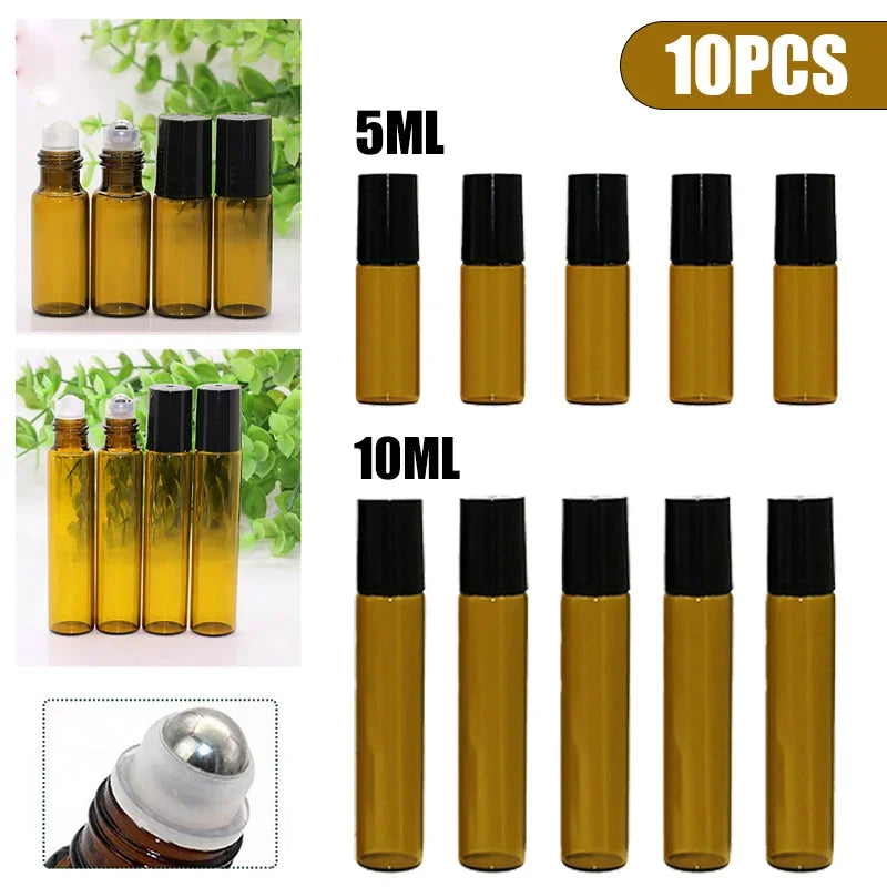 10PCS Amber Glass Roll On Bottles for Essential Oils