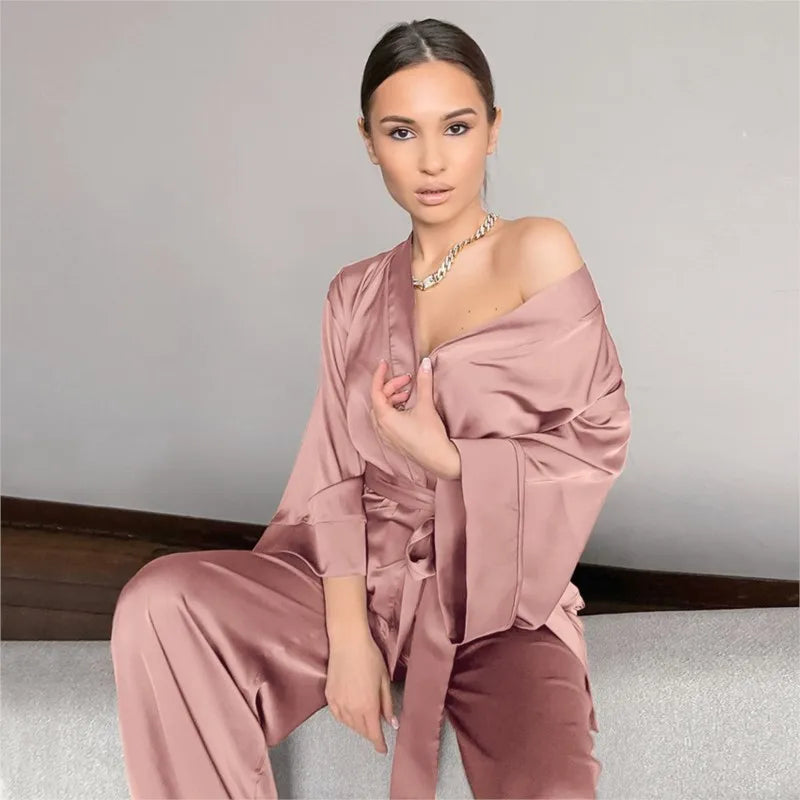 Women's 2024 Matching Sets Pajamas With Belt Satin Two Piece Suit