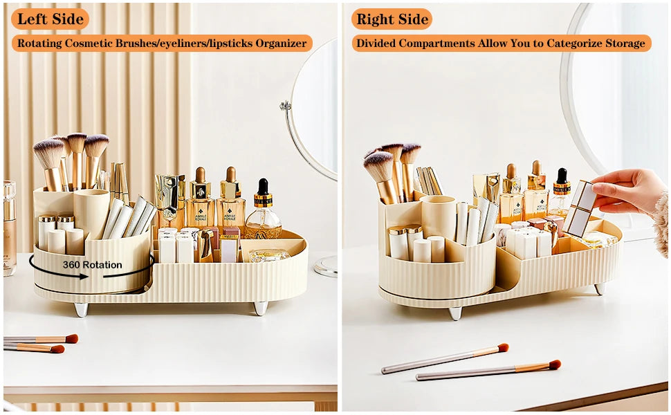 360 Rotating Makeup Organizer for Vanity with Brush Holder