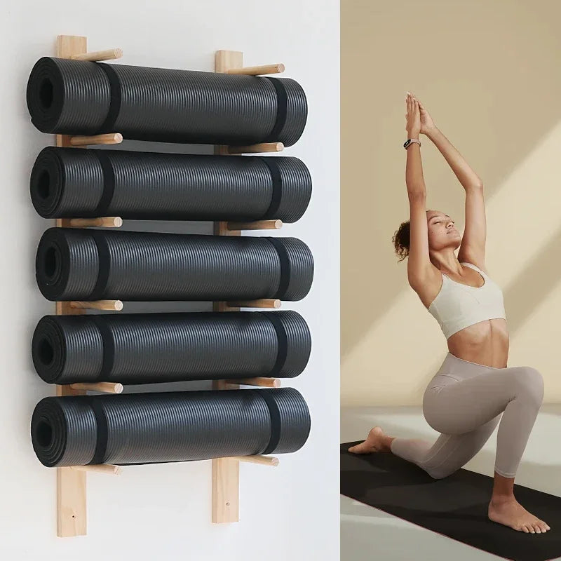 Solid Wood Yoga Mat Storage Organizer Wall Shelf Rack