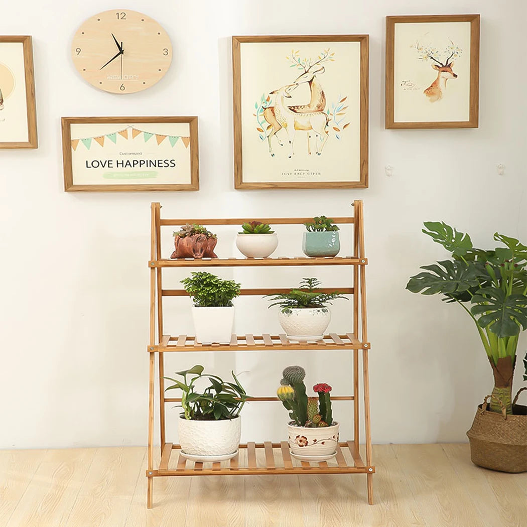 3 Tier Foldable Bamboo Plant Stand Organizer for Indoor Outdoor