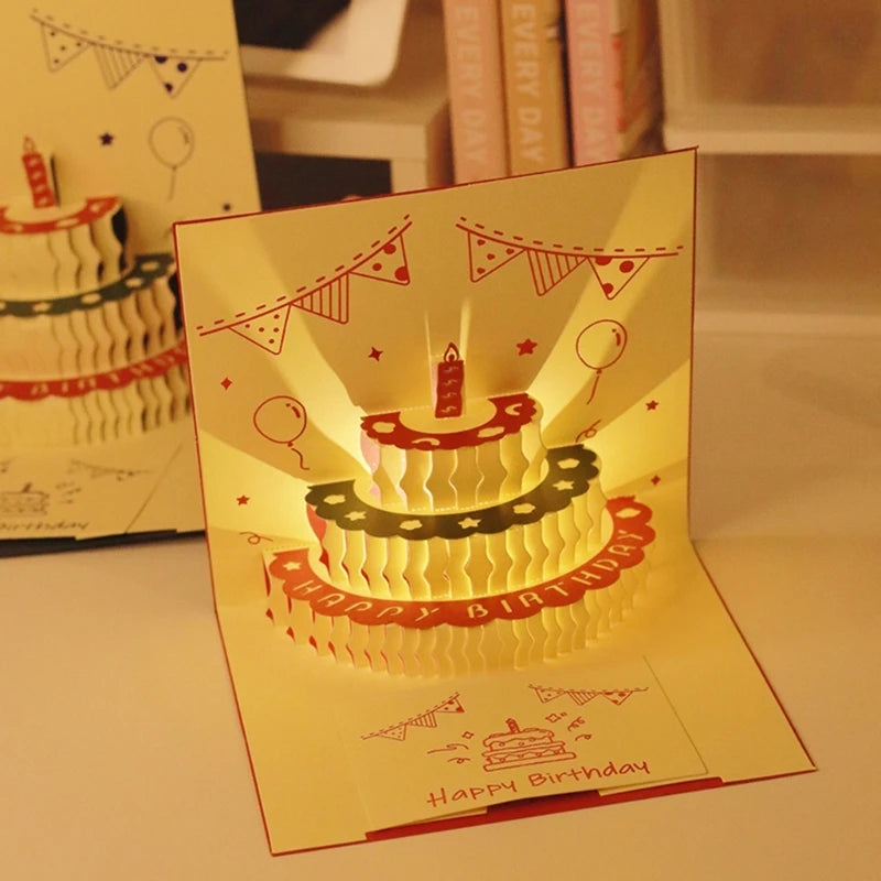 3D Musical Birthday Cake Card LED Light Pop-Up Greeting Cards for All Occasion