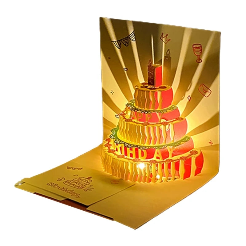 3D Musical Birthday Cake Card LED Light Pop-Up Greeting Cards for All Occasion