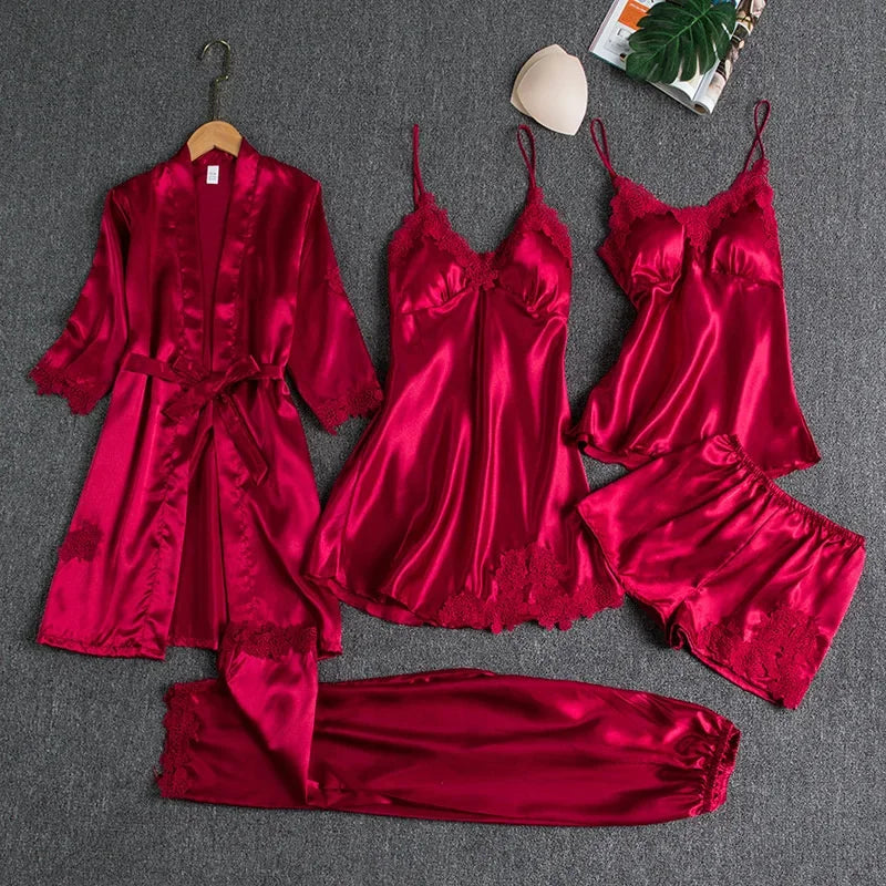 Elegant 5PC Silk Robe Sleep Suit Women Lace Satin Pajamas Gown Set