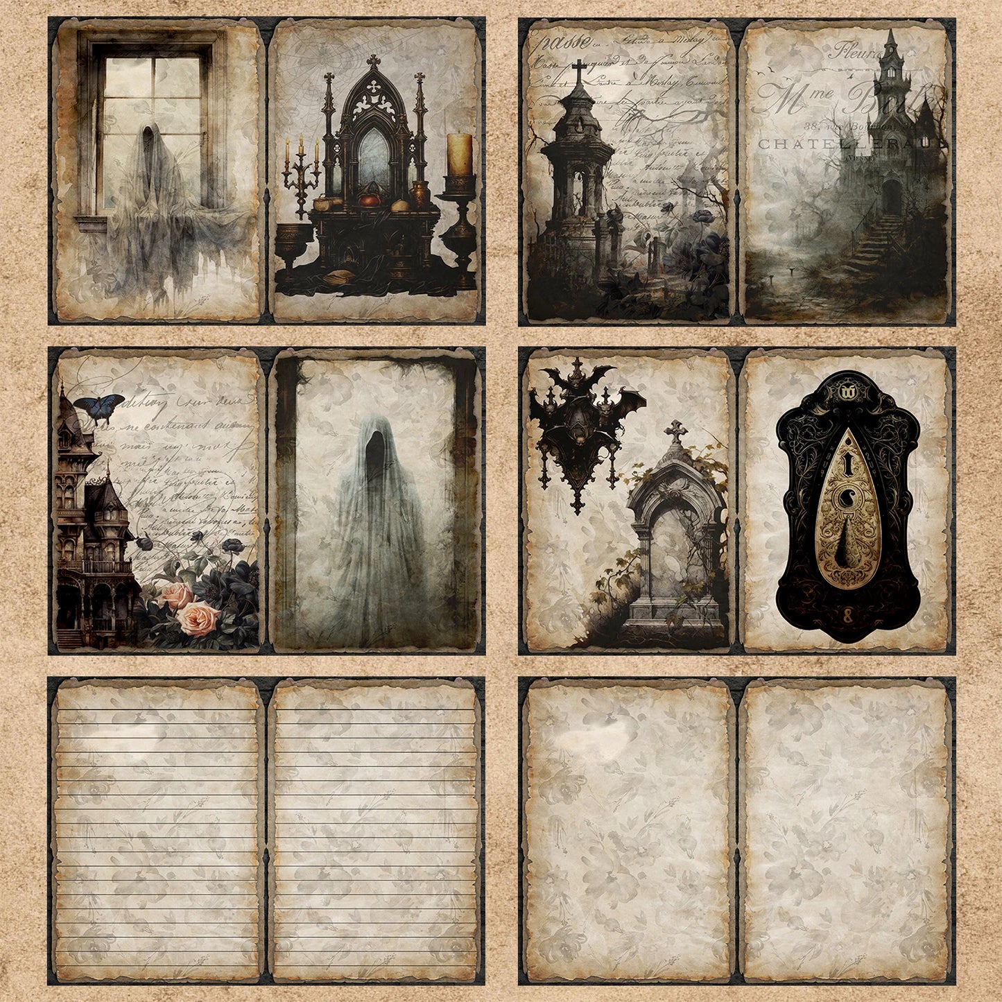 10 Sheets A5 Size Halloween Nameplate Castle Key Ghost Background Vintage Grunge Journal Planning Scrapbooking