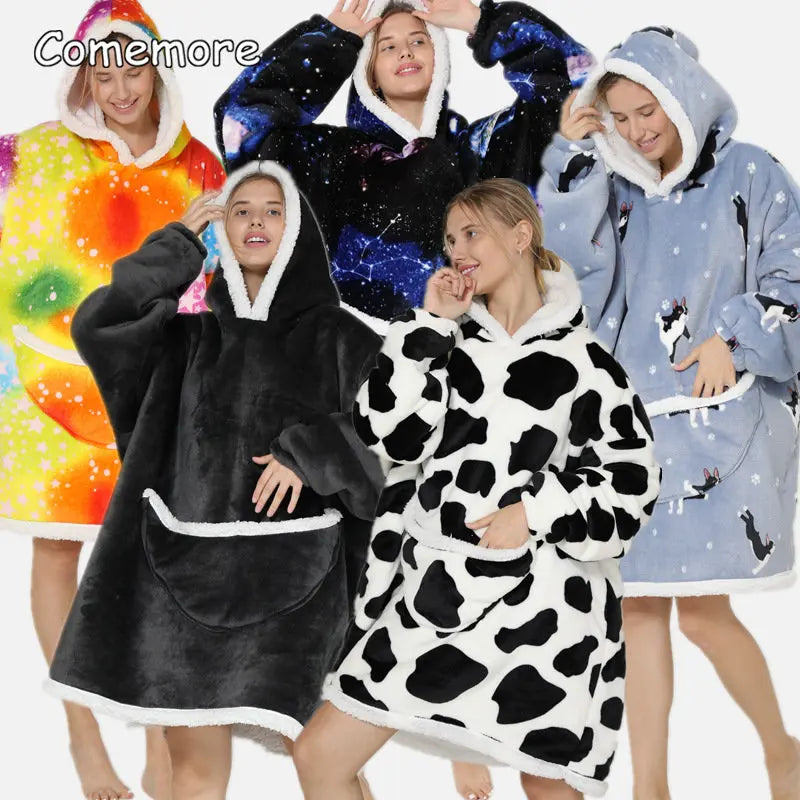 Comemore Winter Cow Cat Hoodie Oversize Plush Comfort Wear