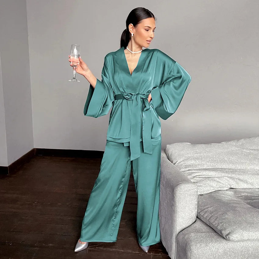 Women's 2024 Matching Sets Pajamas With Belt Satin Two Piece Suit