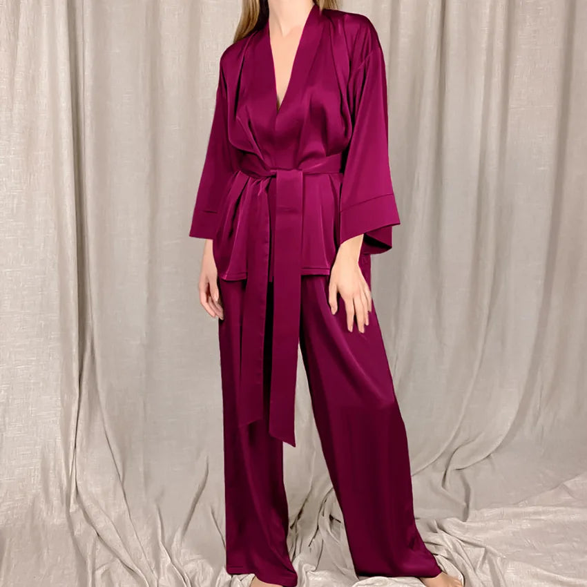 Women's 2024 Matching Sets Pajamas With Belt Satin Two Piece Suit