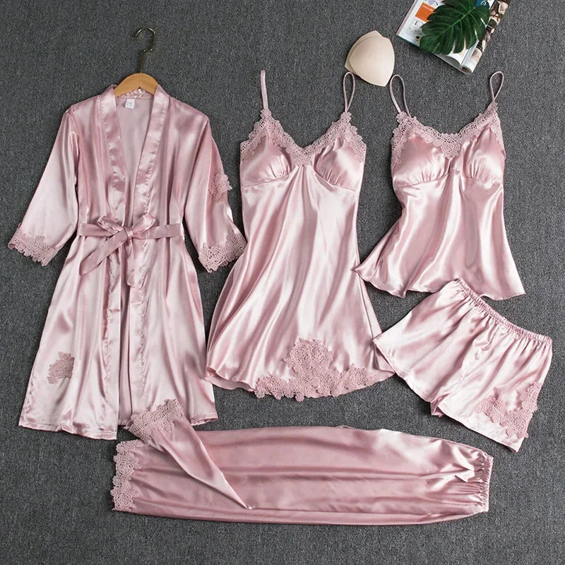 Elegant 5PC Silk Robe Sleep Suit Women Lace Satin Pajamas Gown Set