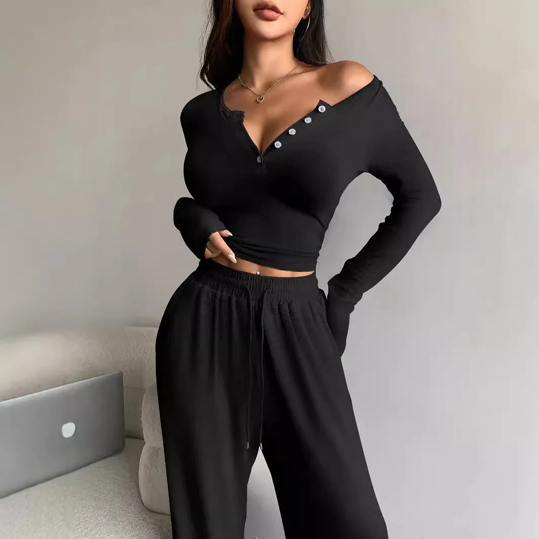 Women Two Piece Sets Pajama Set Sexy V-neck Long Sleeve Sleepwear Pants