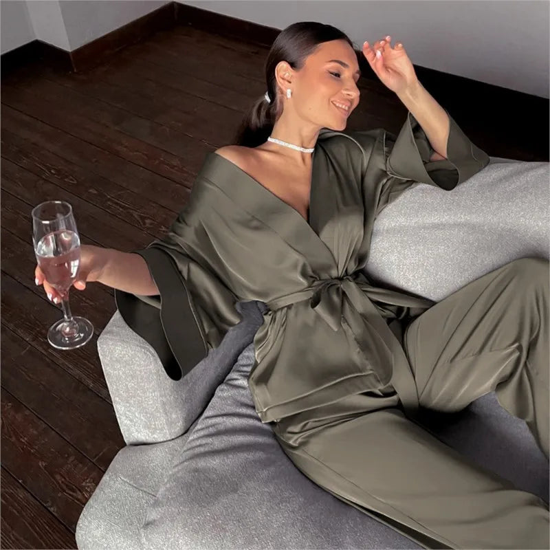 Women's 2024 Matching Sets Pajamas With Belt Satin Two Piece Suit