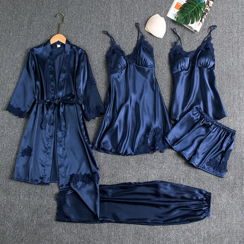 Elegant 5PC Silk Robe Sleep Suit Women Lace Satin Pajamas Gown Set