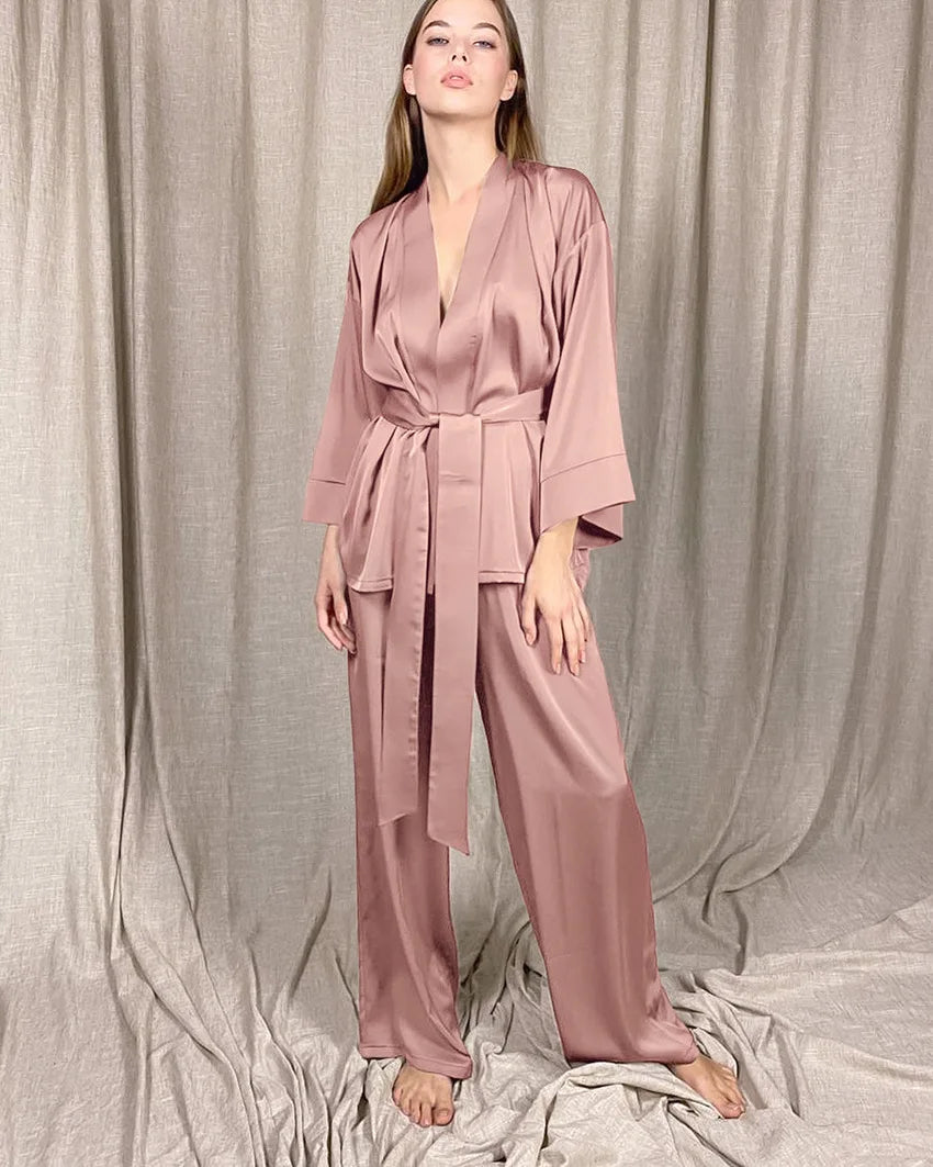 Women's 2024 Matching Sets Pajamas With Belt Satin Two Piece Suit