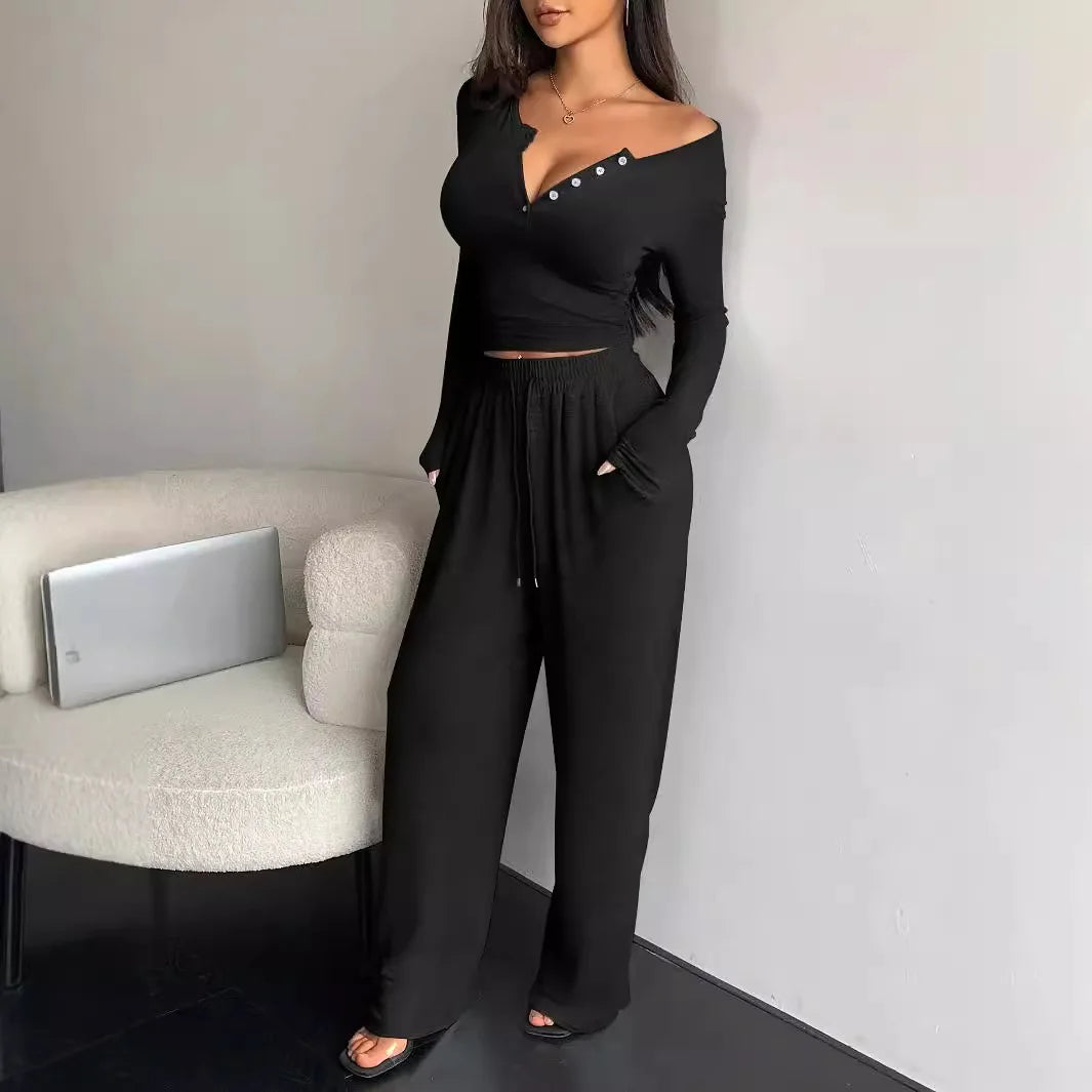 Women Two Piece Sets Pajama Set Sexy V-neck Long Sleeve Sleepwear Pants