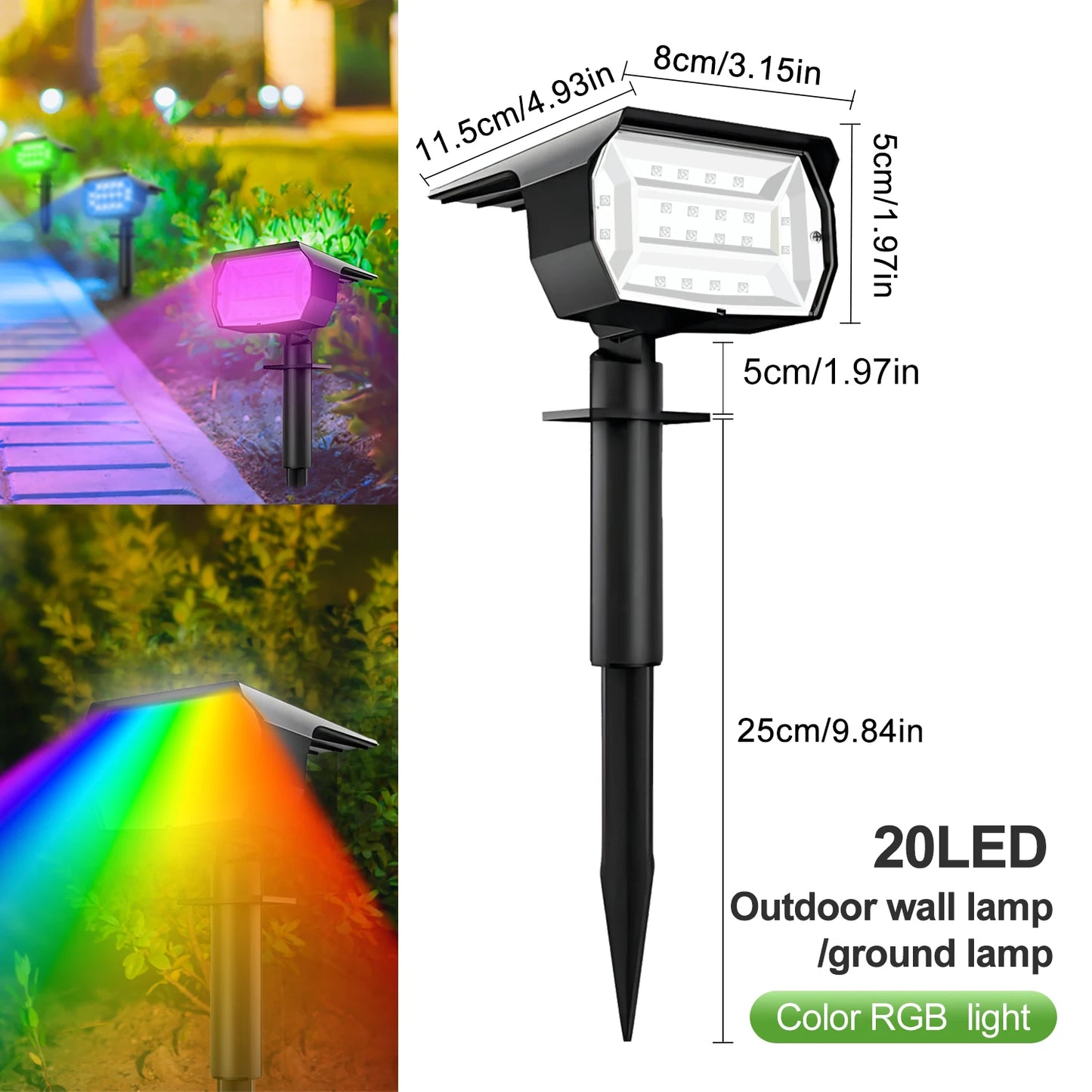 20LEDs RGB Solar Light Outdoors Landscape Spotlights Color Changing 2 In 1 Wireless Waterproof Solar Wall Lamp