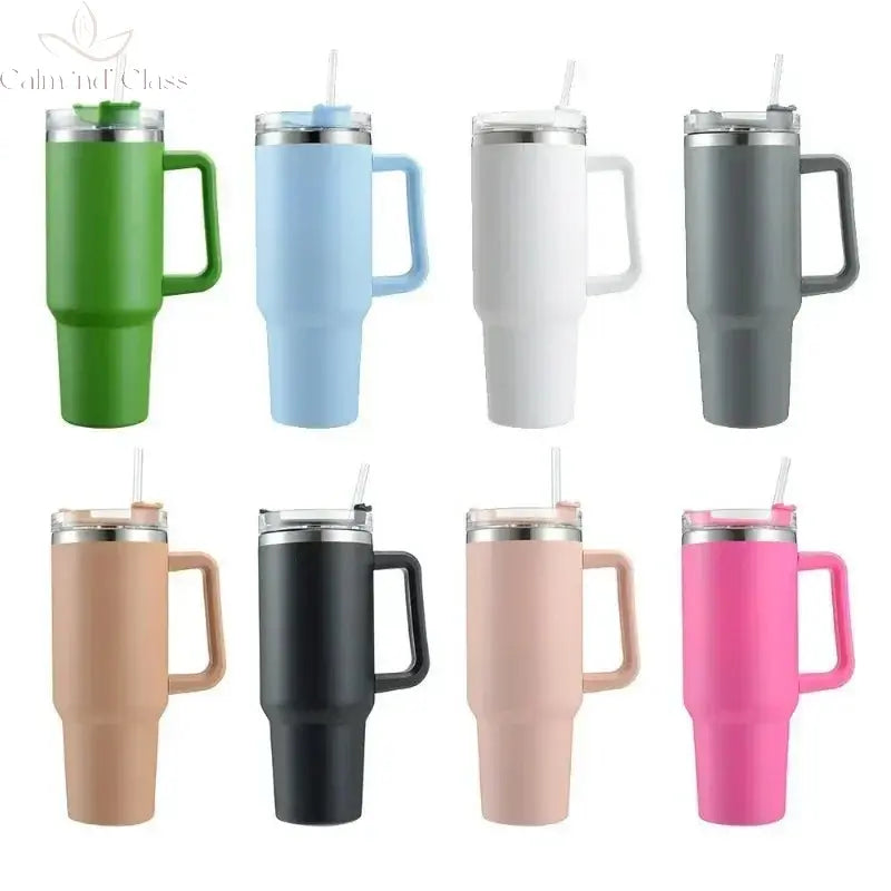 Stainless Steel Water Bottle with Handle Lid Straw Vacuum Thermos Cup Car Coffee Mug Personalized Tumbler 40oz Calm and Class