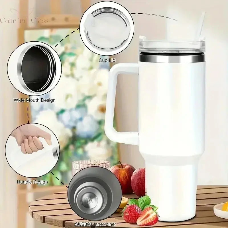 Stainless Steel Water Bottle with Handle Lid Straw Vacuum Thermos Cup Car Coffee Mug Personalized Tumbler 40oz Calm and Class