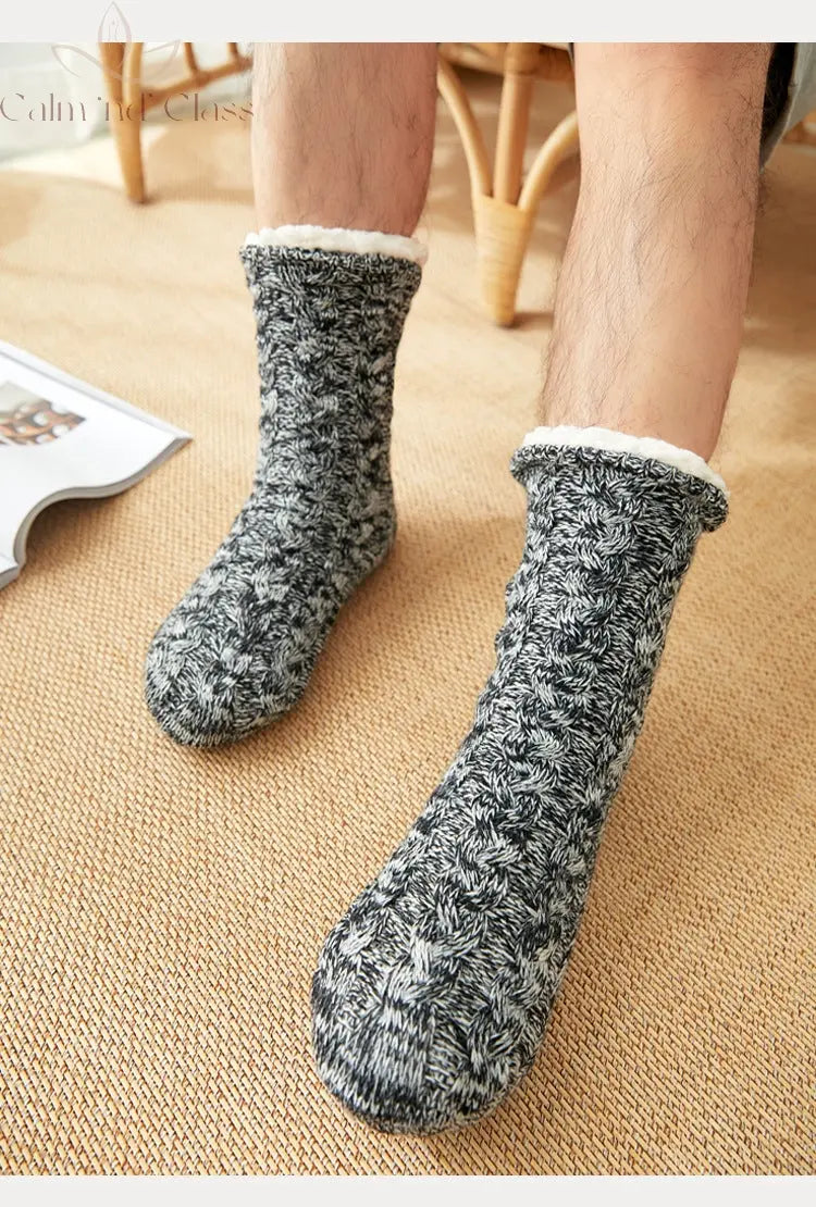 Thermal Socks Mens Winter warm Home Soft Male Cotton Thickened Plus Velvet Sleeping Anti Skid Grip Short Floor Slipper Sock Calm and Class