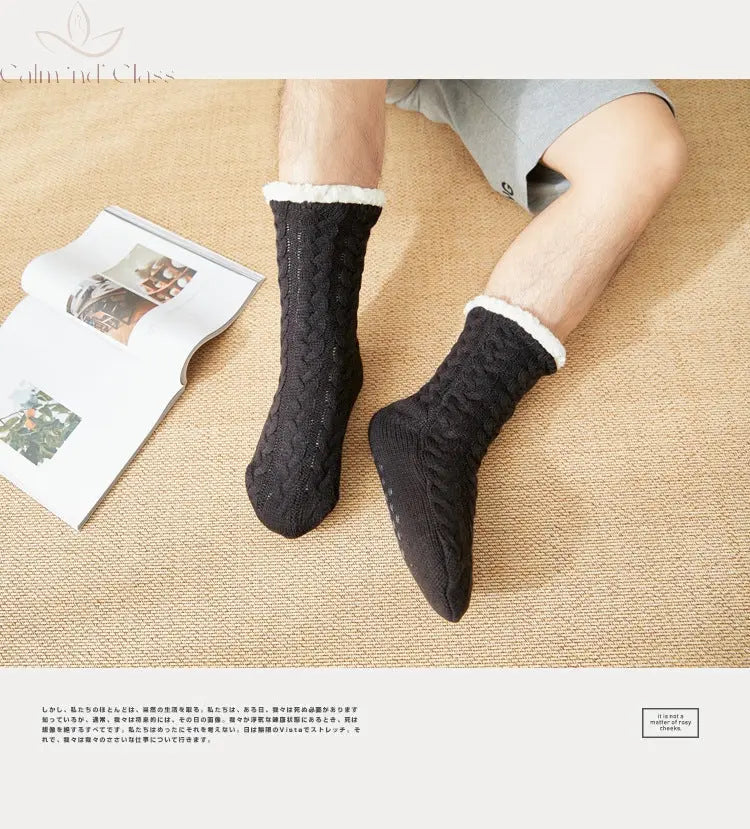 Thermal Socks Mens Winter warm Home Soft Male Cotton Thickened Plus Velvet Sleeping Anti Skid Grip Short Floor Slipper Sock Calm and Class