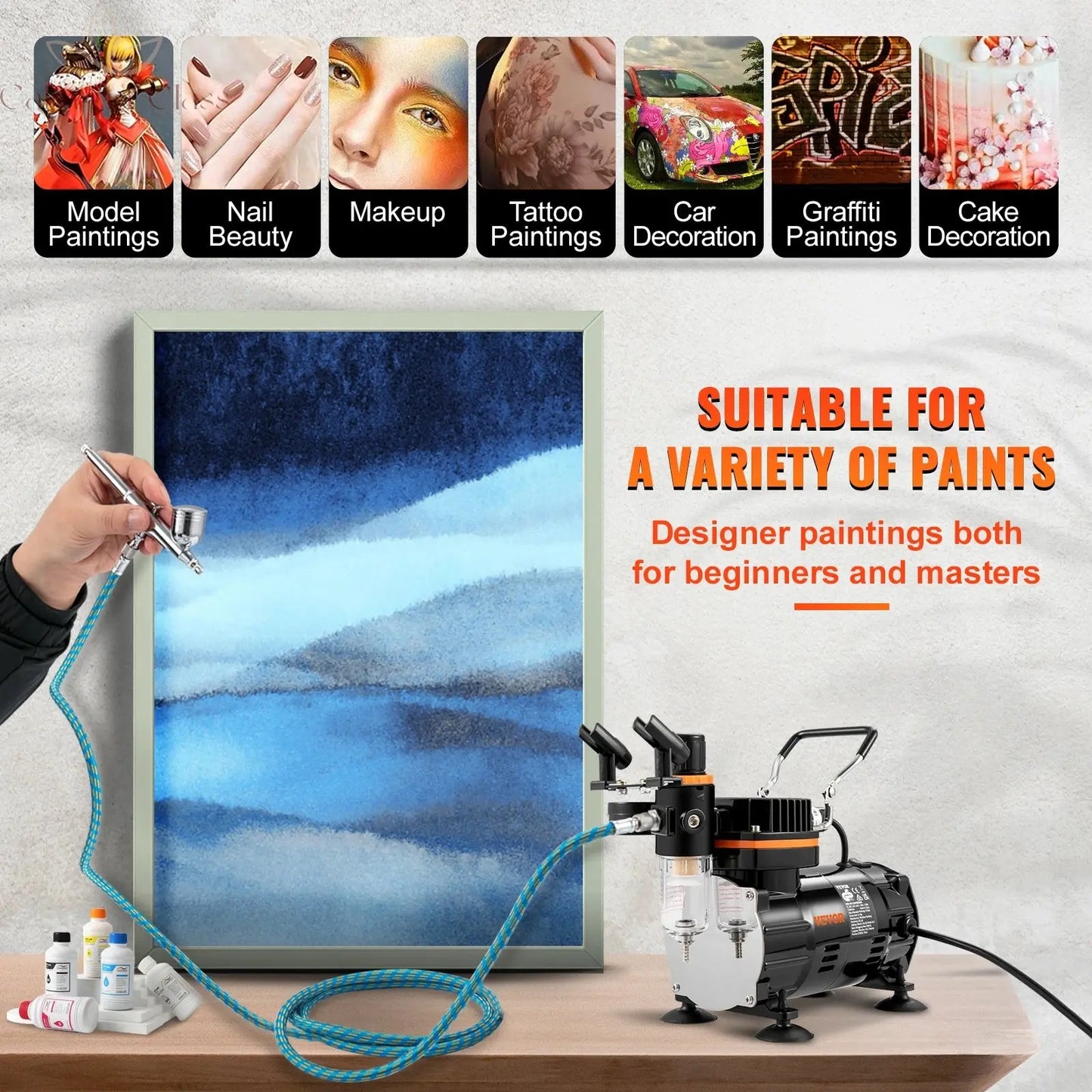 VEVOR Professional Dual-Action Airbrush Kit 120W Electric Spray Gun Air Brush Painting Set Art Nail Tattoo Makeup Model Sprayer Calm and Class