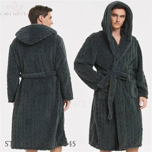 Warm Sleepwear Thicken Jacquard Flannel Men Robe Plush Coral Fleece Hooded Bathrobe Gown Winter Lounge Wear Home Wear Nightwear Calm and Class