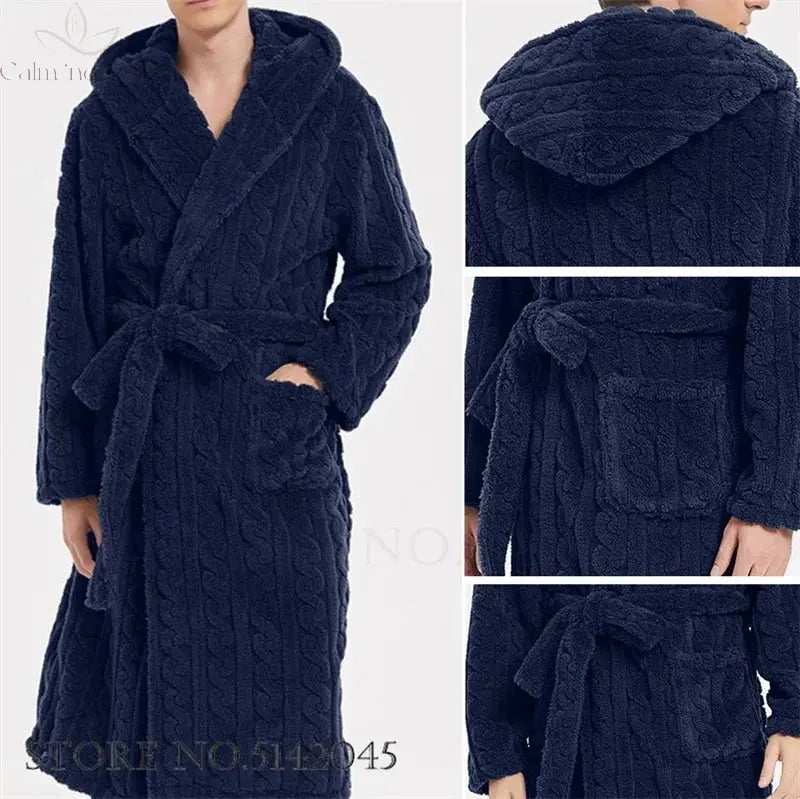 Warm Sleepwear Thicken Jacquard Flannel Men Robe Plush Coral Fleece Hooded Bathrobe Gown Winter Lounge Wear Home Wear Nightwear Calm and Class