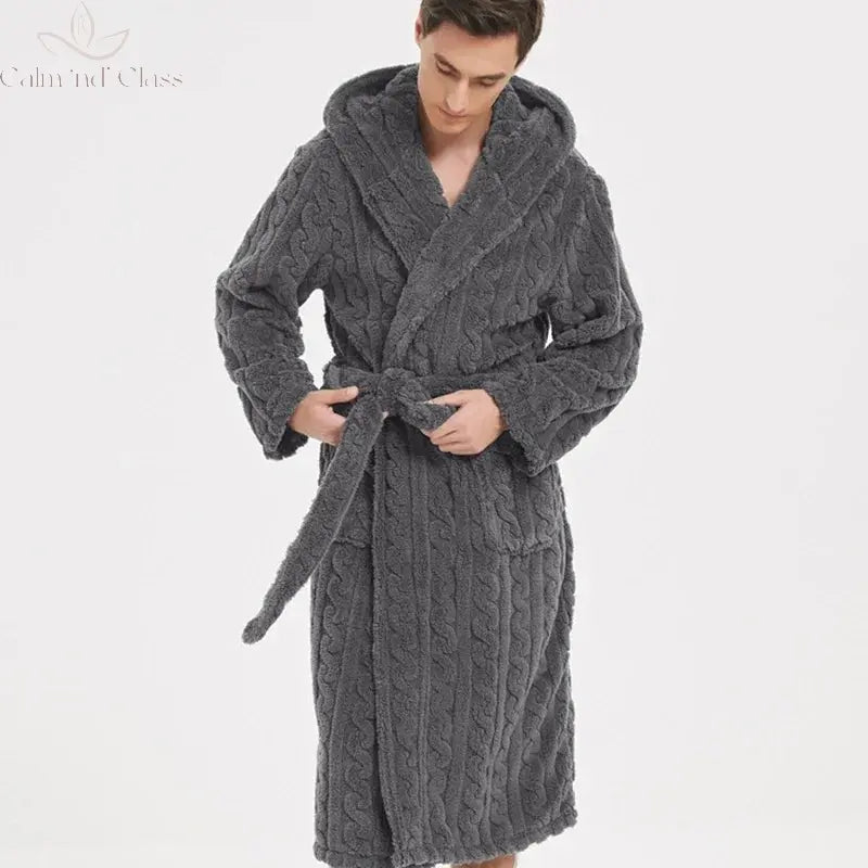 Warm Sleepwear Thicken Jacquard Flannel Men Robe Plush Coral Fleece Hooded Bathrobe Gown Winter Lounge Wear Home Wear Nightwear Calm and Class