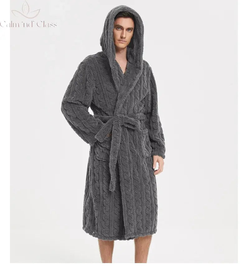 Warm Sleepwear Thicken Jacquard Flannel Men Robe Plush Coral Fleece Hooded Bathrobe Gown Winter Lounge Wear Home Wear Nightwear Calm and Class