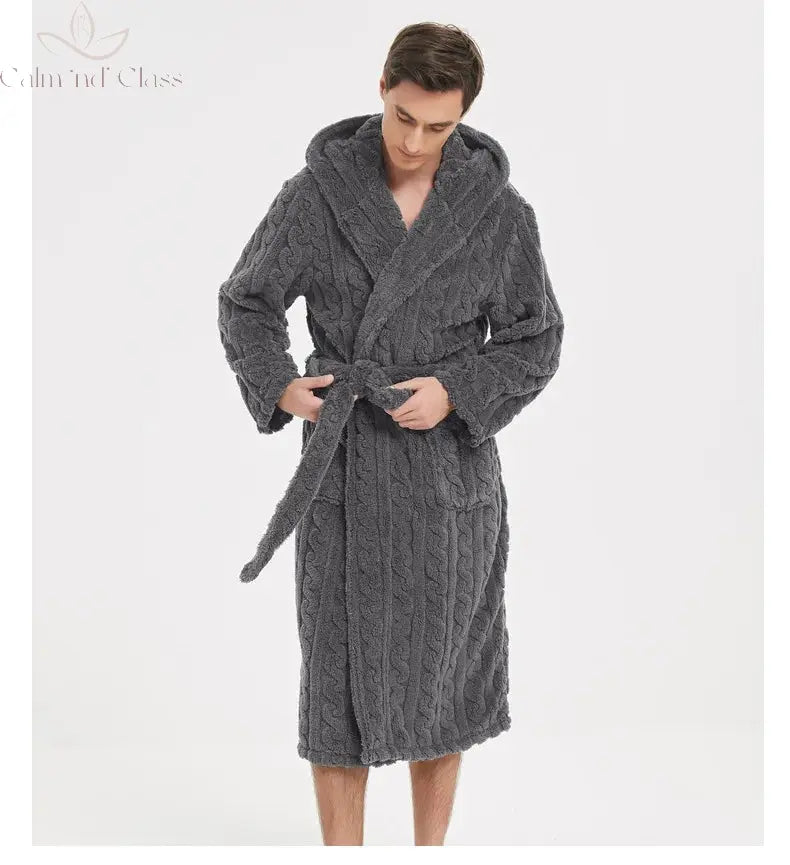 Warm Sleepwear Thicken Jacquard Flannel Men Robe Plush Coral Fleece Hooded Bathrobe Gown Winter Lounge Wear Home Wear Nightwear Calm and Class