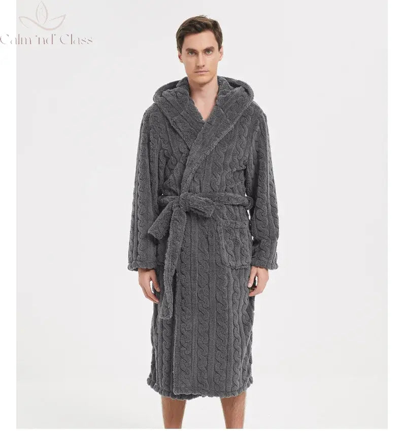 Warm Sleepwear Thicken Jacquard Flannel Men Robe Plush Coral Fleece Hooded Bathrobe Gown Winter Lounge Wear Home Wear Nightwear Calm and Class