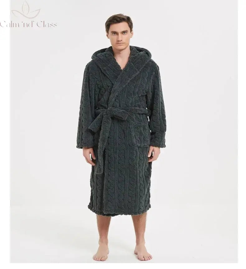 Warm Sleepwear Thicken Jacquard Flannel Men Robe Plush Coral Fleece Hooded Bathrobe Gown Winter Lounge Wear Home Wear Nightwear Calm and Class