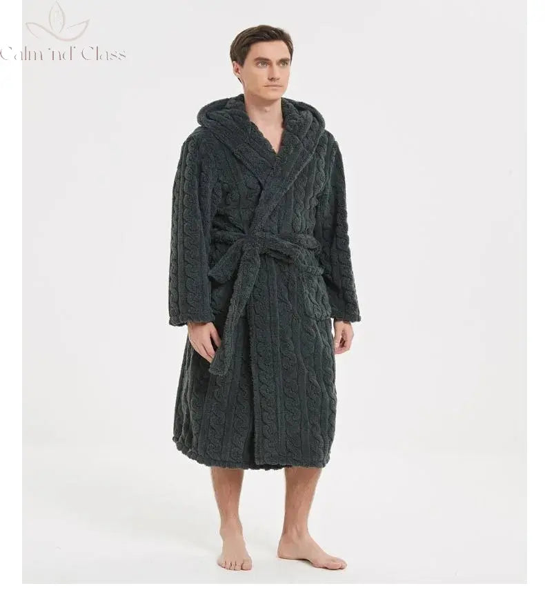 Warm Sleepwear Thicken Jacquard Flannel Men Robe Plush Coral Fleece Hooded Bathrobe Gown Winter Lounge Wear Home Wear Nightwear Calm and Class