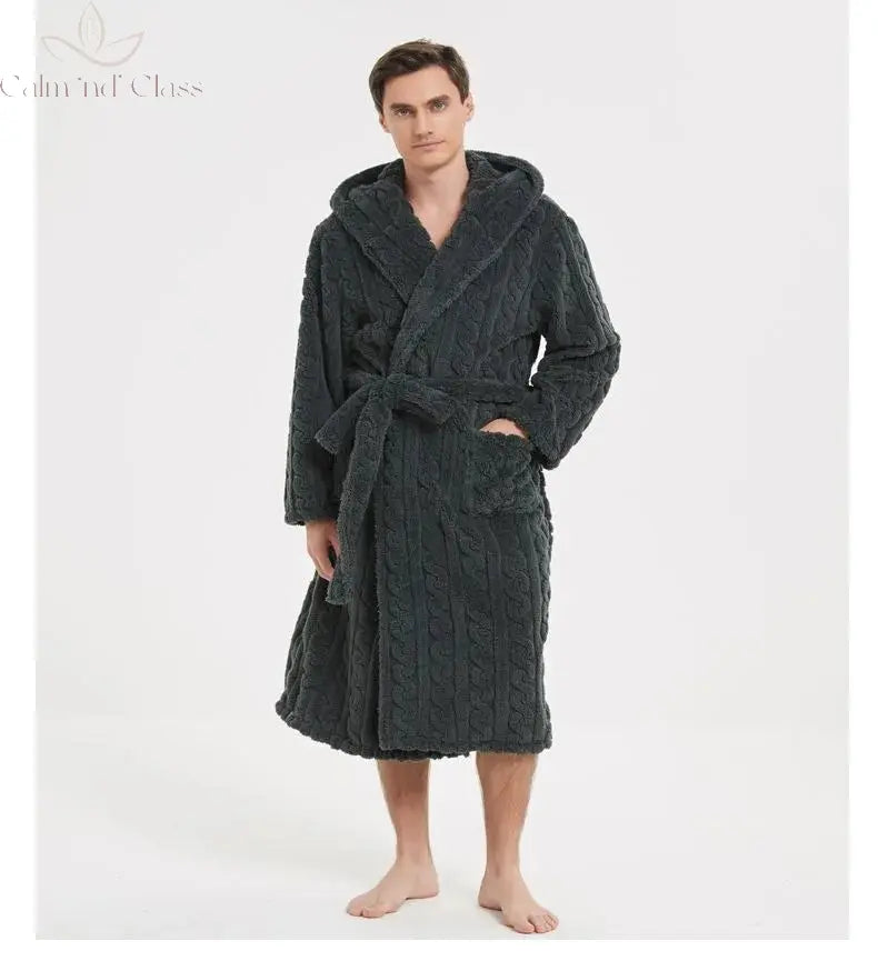 Warm Sleepwear Thicken Jacquard Flannel Men Robe Plush Coral Fleece Hooded Bathrobe Gown Winter Lounge Wear Home Wear Nightwear Calm and Class