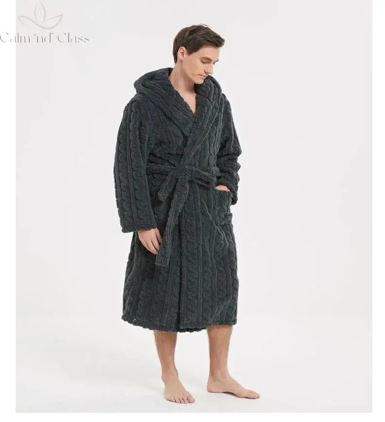 Warm Sleepwear Thicken Jacquard Flannel Men Robe Plush Coral Fleece Hooded Bathrobe Gown Winter Lounge Wear Home Wear Nightwear Calm and Class