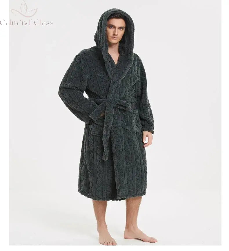 Warm Sleepwear Thicken Jacquard Flannel Men Robe Plush Coral Fleece Hooded Bathrobe Gown Winter Lounge Wear Home Wear Nightwear Calm and Class