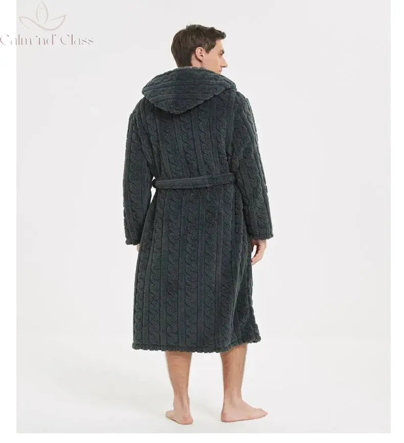 Warm Sleepwear Thicken Jacquard Flannel Men Robe Plush Coral Fleece Hooded Bathrobe Gown Winter Lounge Wear Home Wear Nightwear Calm and Class