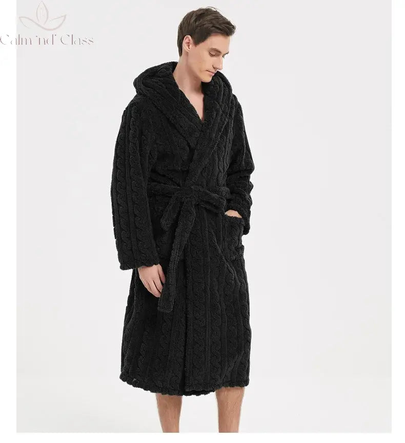 Warm Sleepwear Thicken Jacquard Flannel Men Robe Plush Coral Fleece Hooded Bathrobe Gown Winter Lounge Wear Home Wear Nightwear Calm and Class