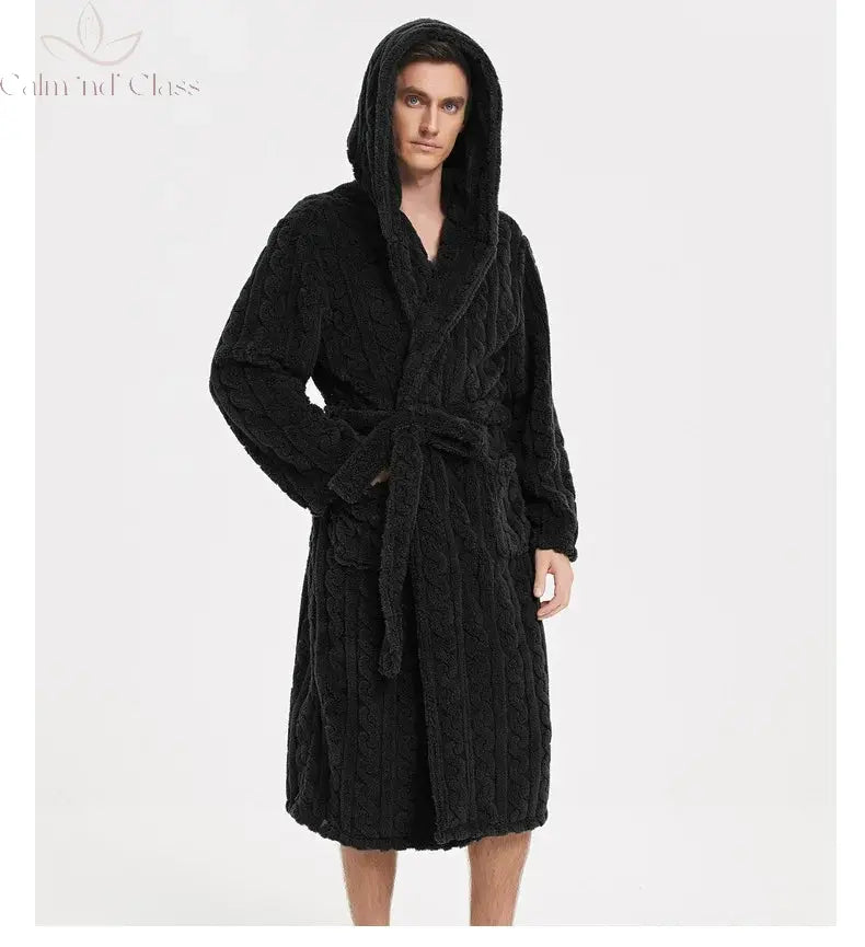 Warm Sleepwear Thicken Jacquard Flannel Men Robe Plush Coral Fleece Hooded Bathrobe Gown Winter Lounge Wear Home Wear Nightwear Calm and Class